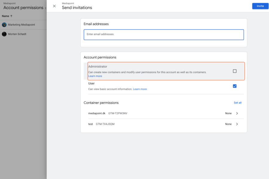 Opret og del adgang til Google Tag Manager