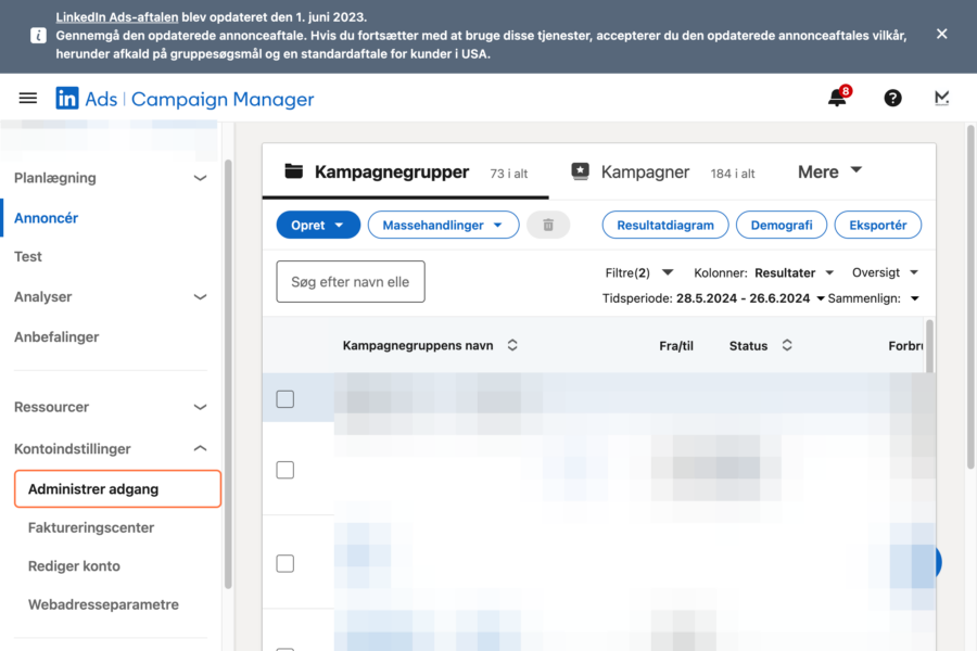 Opret og del adgang til LinkedIn annoncekonto