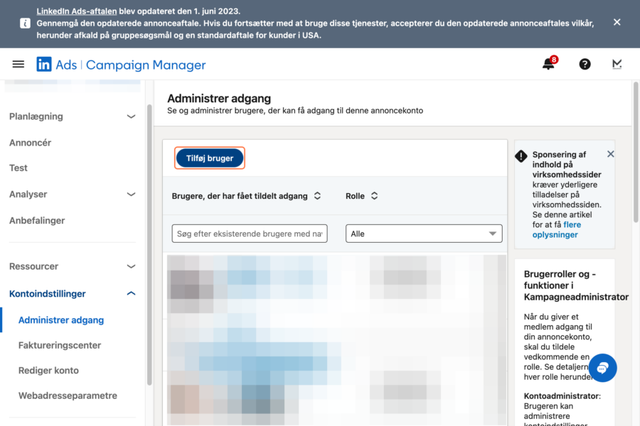 Opret og del adgang til LinkedIn annoncekonto