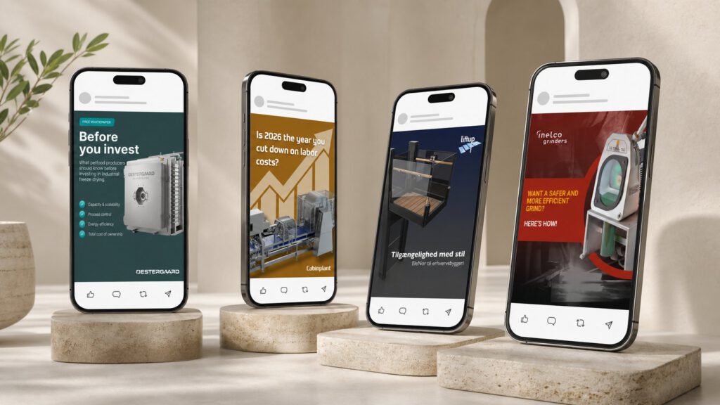 Fire telefoner med LinkedIn-annoncer udviklet af MEDIAPOINT for Østergaard, Cabinplant, Liftup og Inelco Grinders