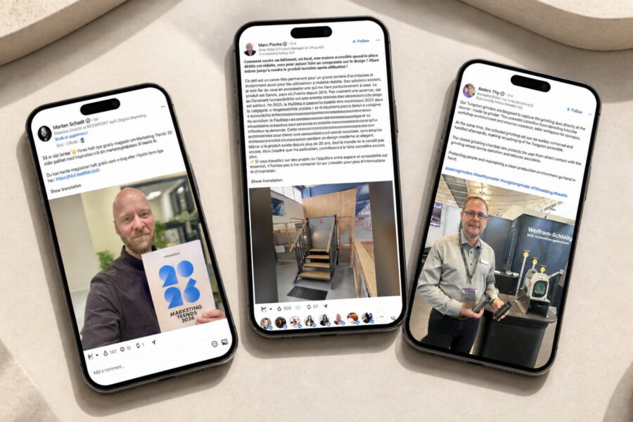 Tre telefoner viser Thought Leader Ads i LinkedIn-feedet