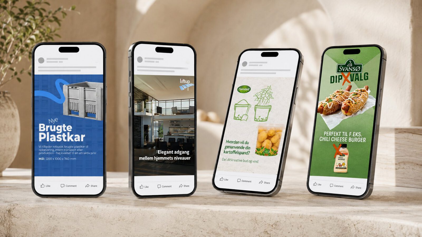 Fire telefoner med annoncer til Facebook og Instagram udviklet af MEDIAPOINT for Liftup, Flensted og Svansø