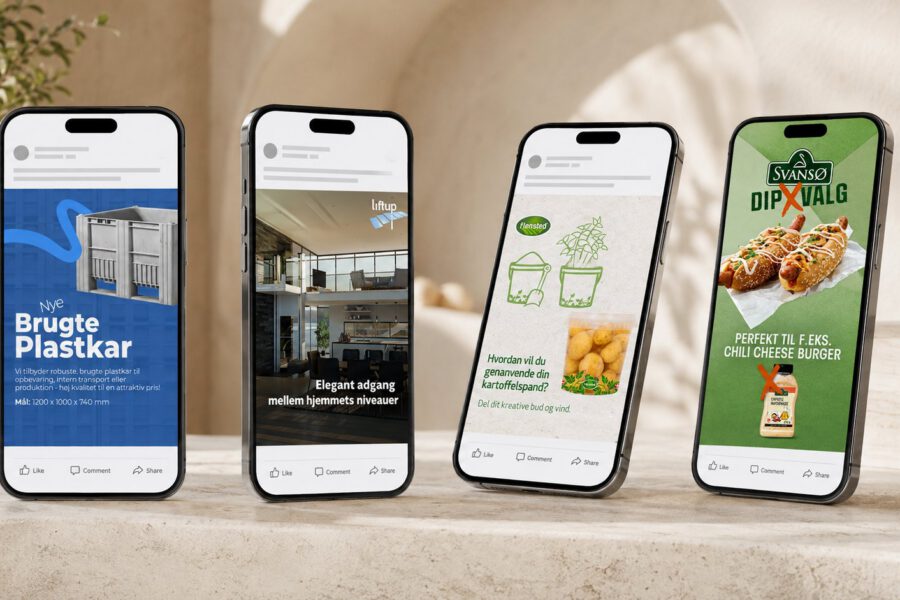 Fire telefoner med annoncer til Facebook og Instagram udviklet af MEDIAPOINT for Liftup, Flensted og Svansø