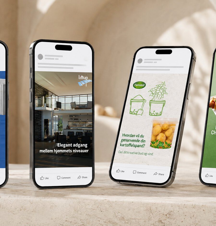 Fire telefoner med annoncer til Facebook og Instagram udviklet af MEDIAPOINT for Liftup, Flensted og Svansø