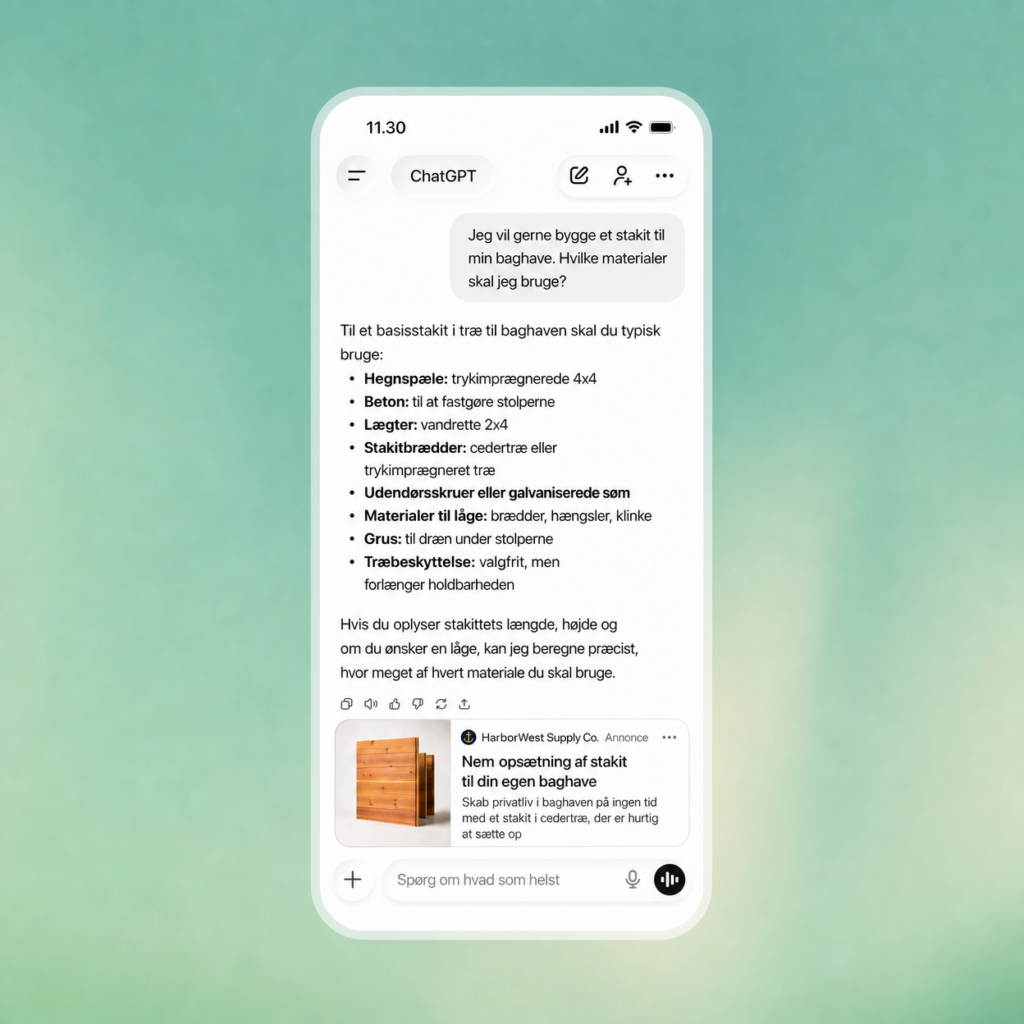 En annonce vist under et svar i ChatGPT på en telefon