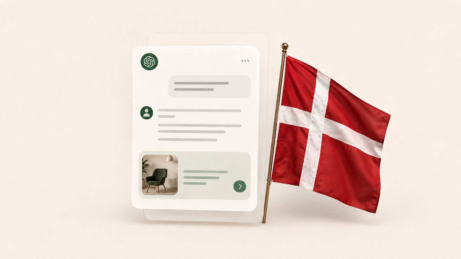 Illustration af en ChatGPT-samtale med en annonce nederst ved siden af et dansk flag