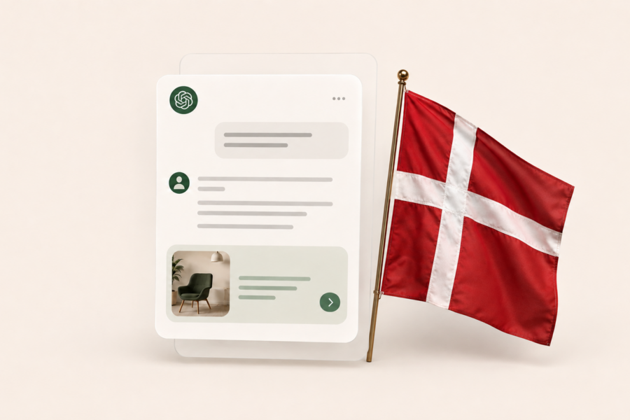 Illustration af en ChatGPT-samtale med en annonce nederst ved siden af et dansk flag