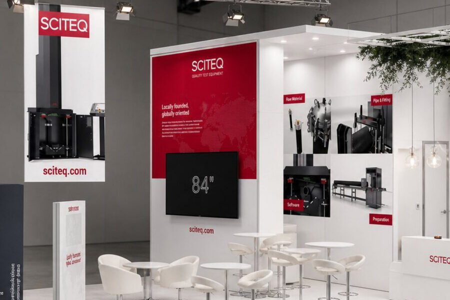Færdig messestand med storformatgrafik og møbler