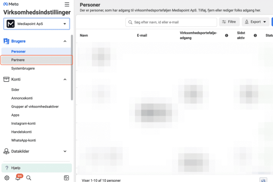 Deling af Meta Business aktiviteter
