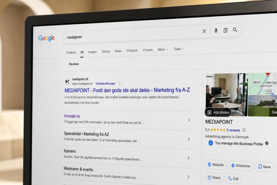 Googles soegeresultat for MEDIAPOINT med titel, beskrivelse, sitelinks og virksomhedsprofil