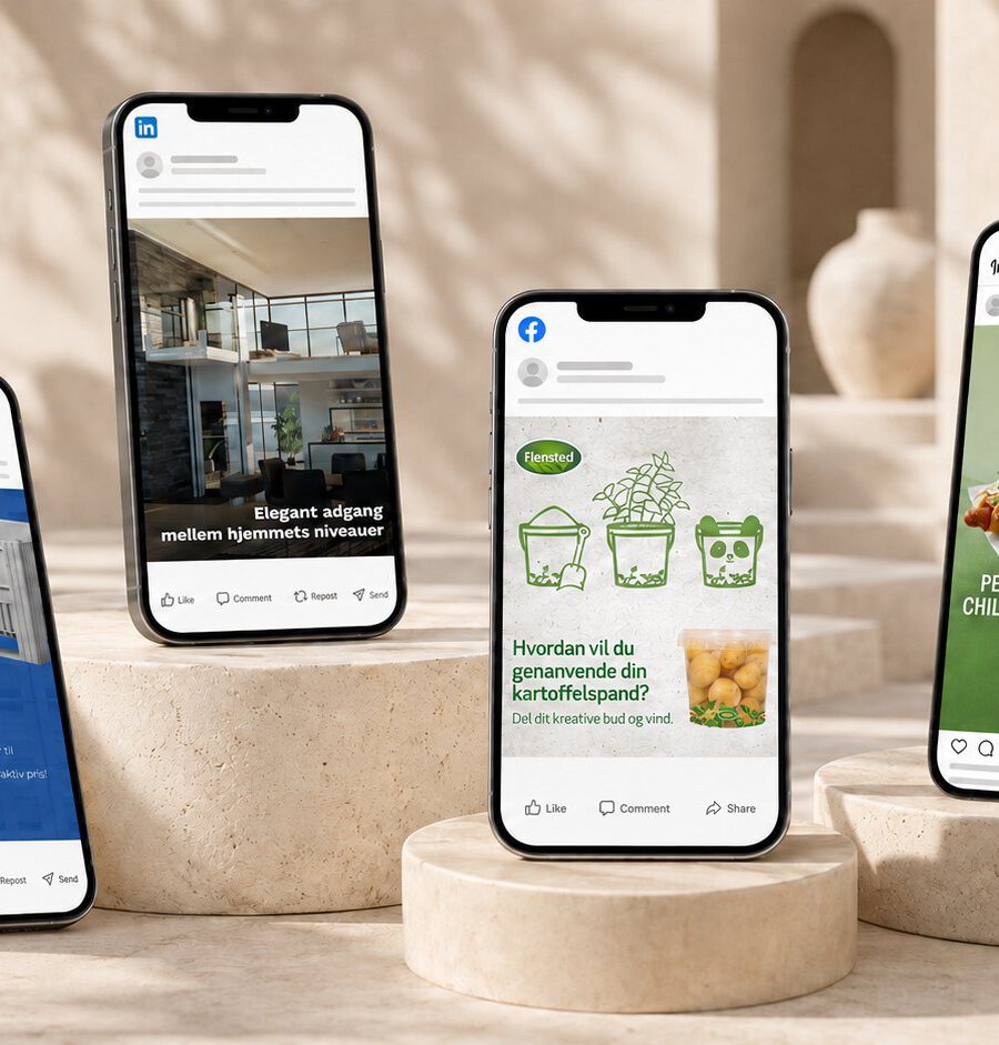Fire telefoner med annoncer paa LinkedIn, Facebook og Instagram udviklet af MEDIAPOINT for Liftup, Flensted og Svansø